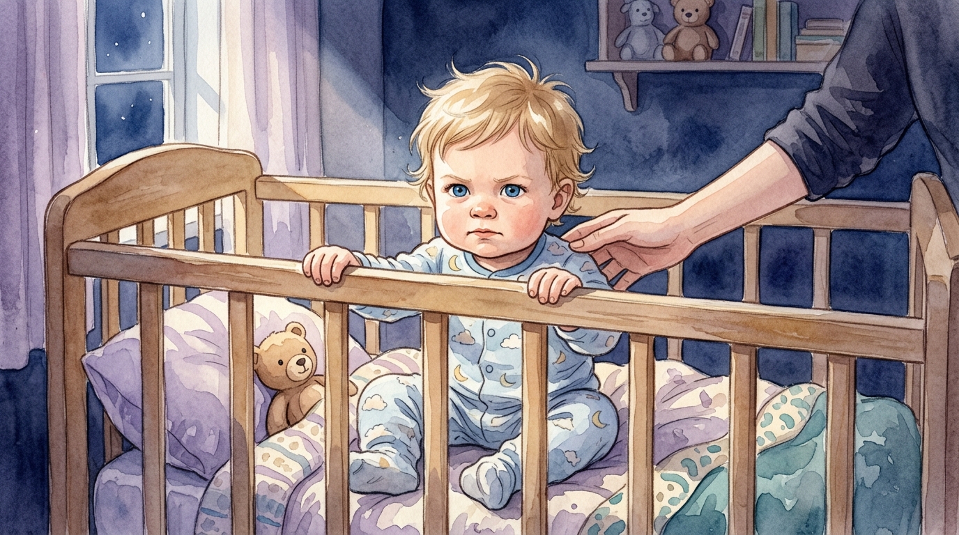 Małe dziecko nie chce iść spać — siedzi w łóżeczku z zabawkami zamiast spać