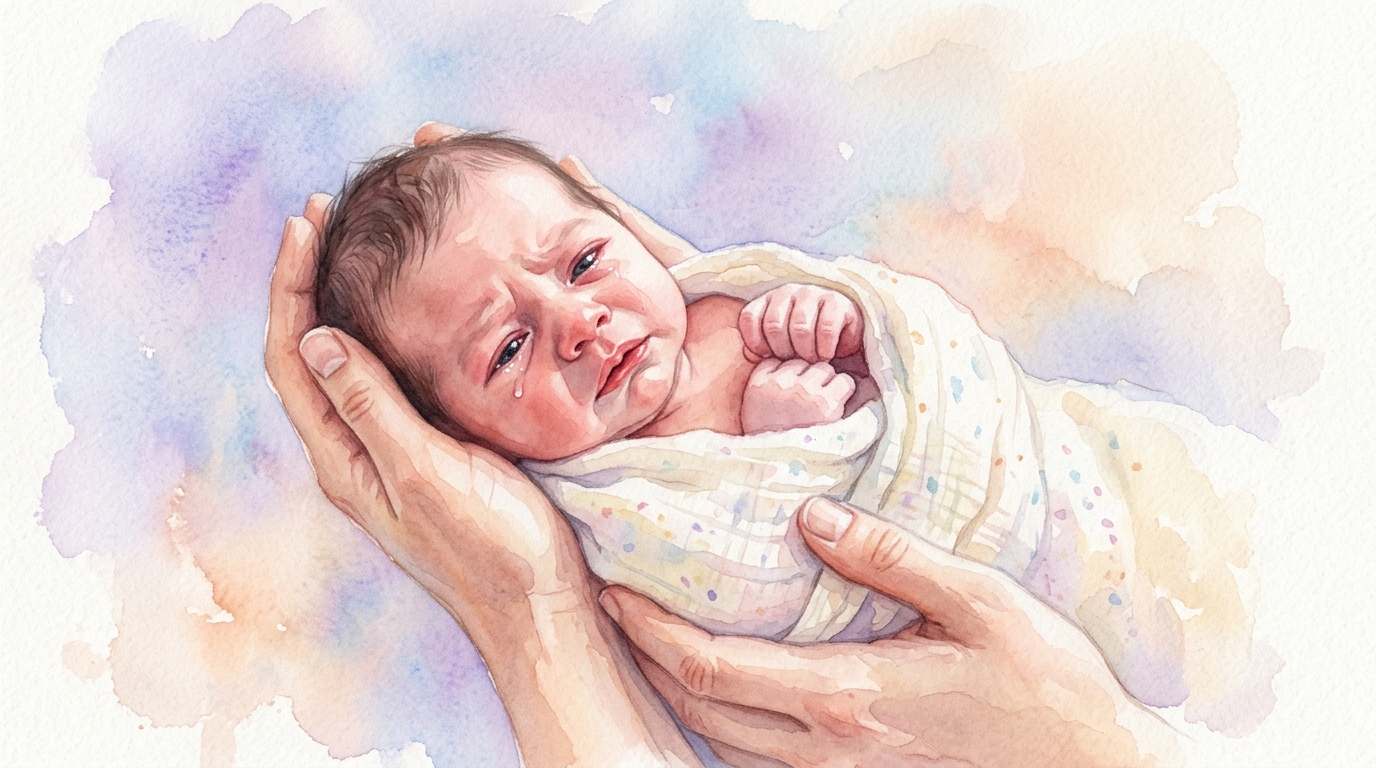 Rodzic trzyma płaczące niemowlę na rękach wieczorem, próbując je uspokoić