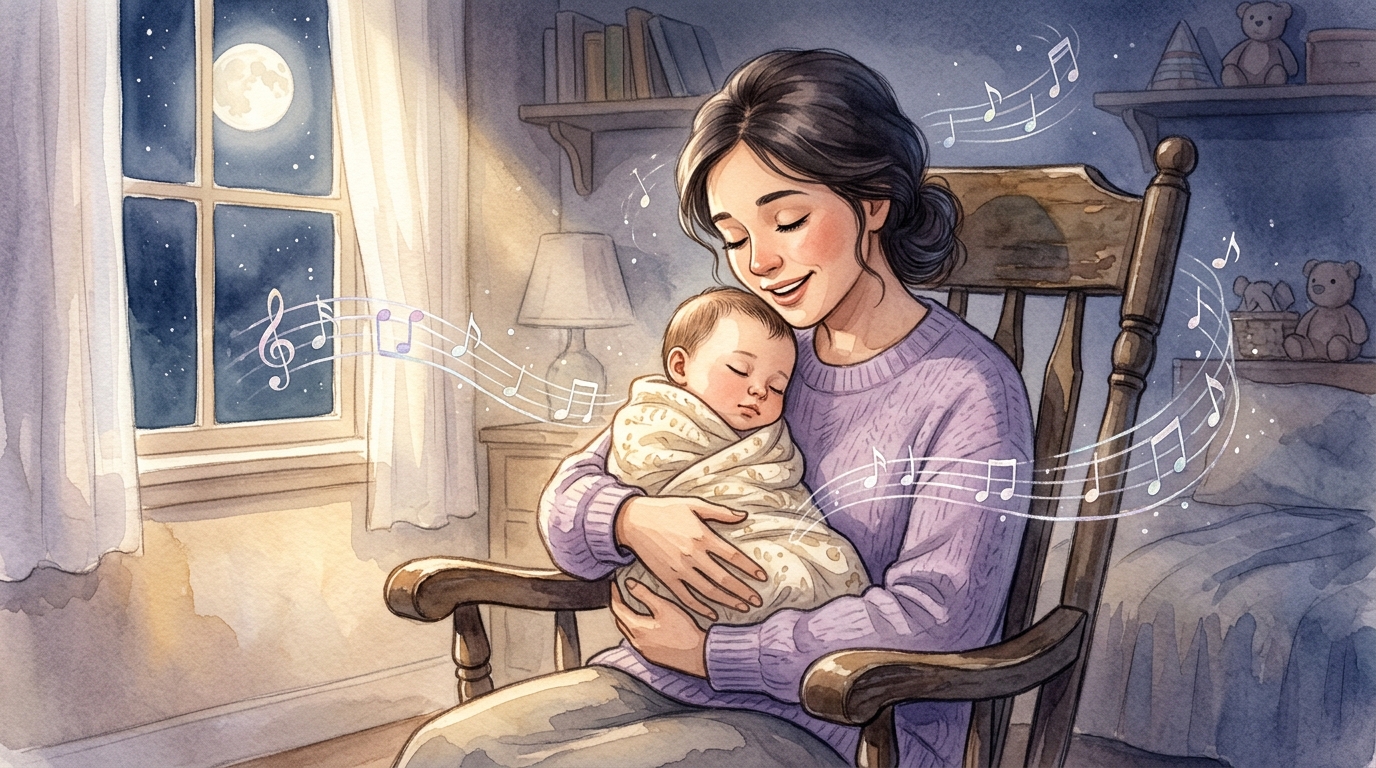 Mama śpiewa kołysankę małemu dziecku przed snem