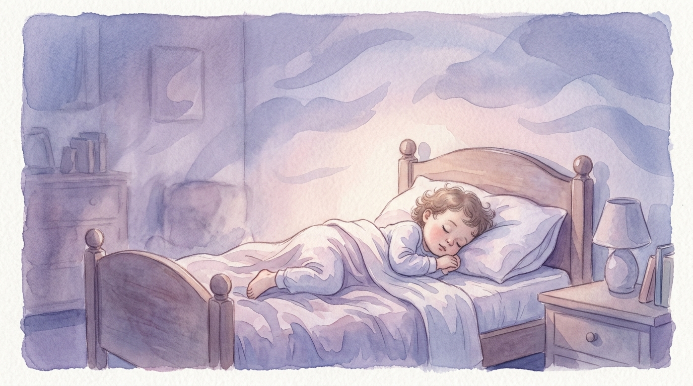 Dziecko w łóżeczku w przyciemnionym pokoju, delikatne nocne światło