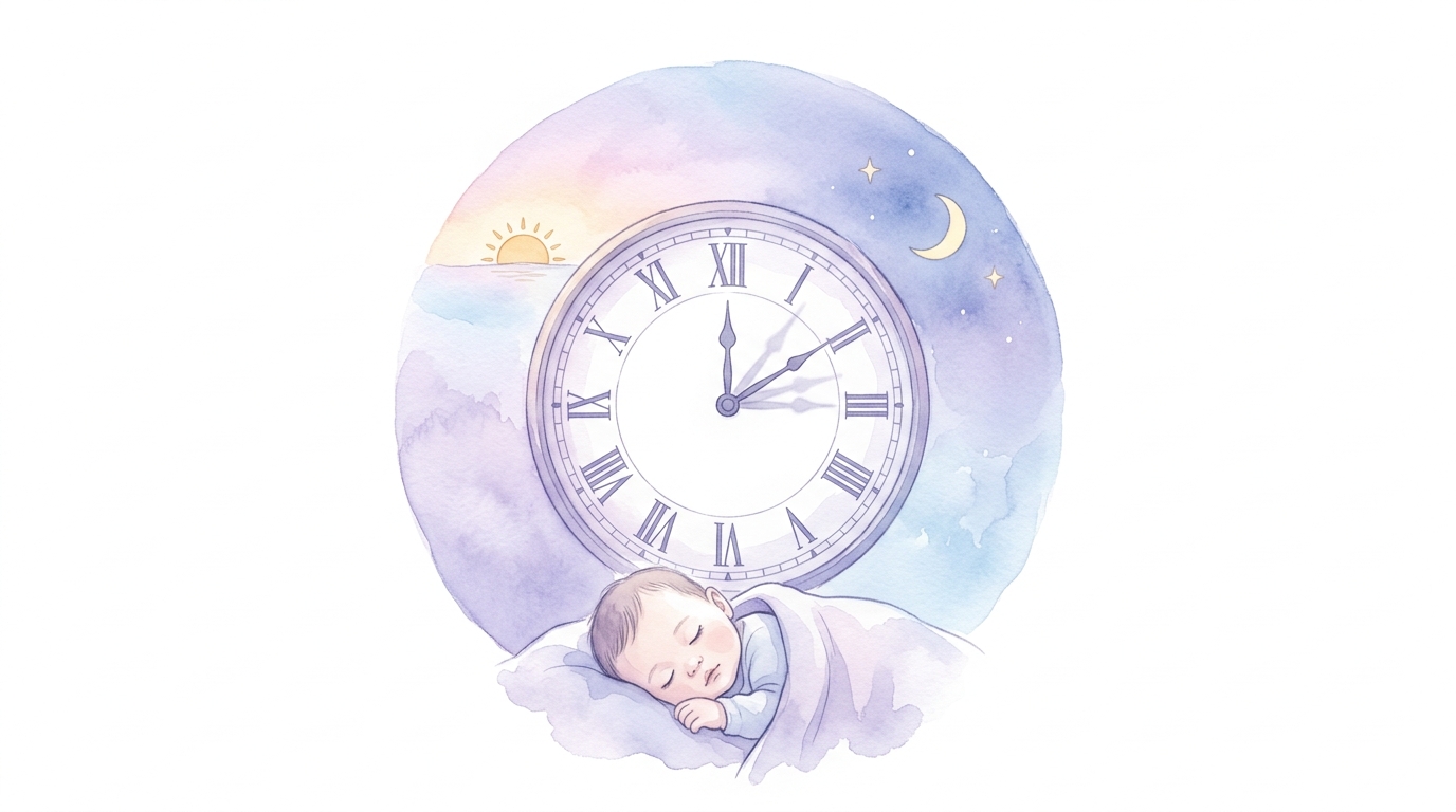 Zegar na ścianie pokoju dziecięcego, obok śpiące dziecko w łóżeczku